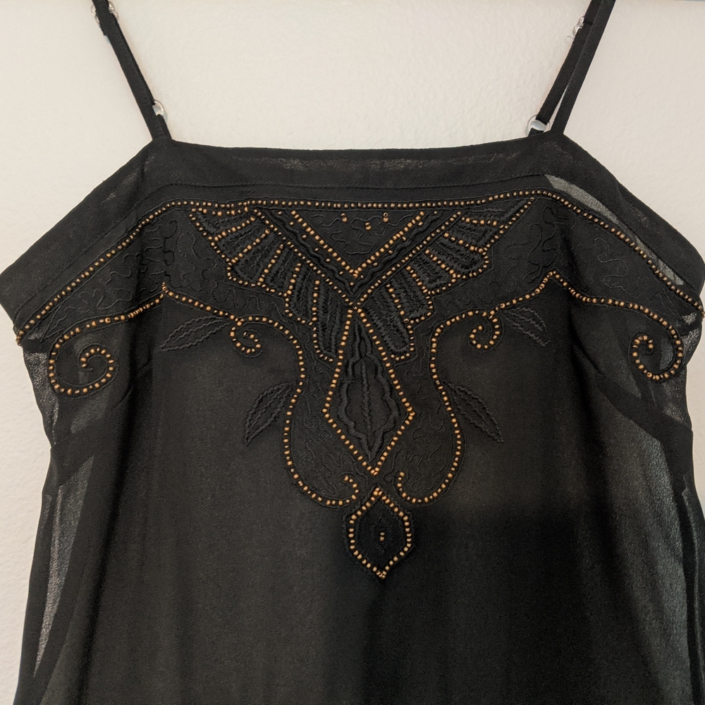 Sheer drawstring waist embroidered beaded tank